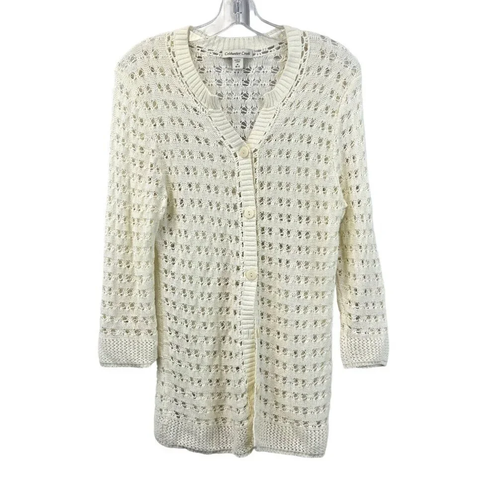 Coldwater Creek Button Down Open Knit Cardigan Cream Women’s Size Medium Long Sl